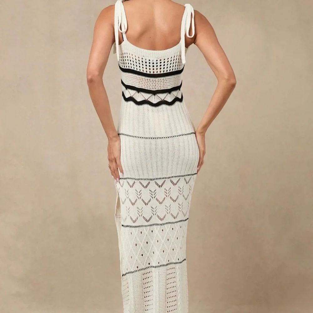 Olyssia Ivory and Black Knit Tie-Strap Maxi Swim Cover-Up - Picture 6 of 9